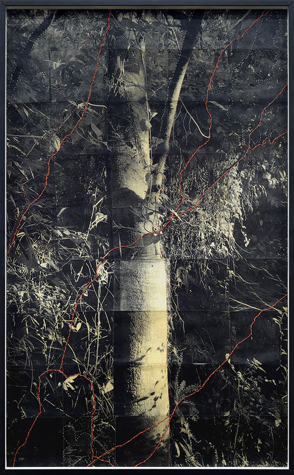 Eunice Sanchez Witness (I), 2026 Ink, acrylic, thread. and mulberry on Fabriano 52 x 28 inches