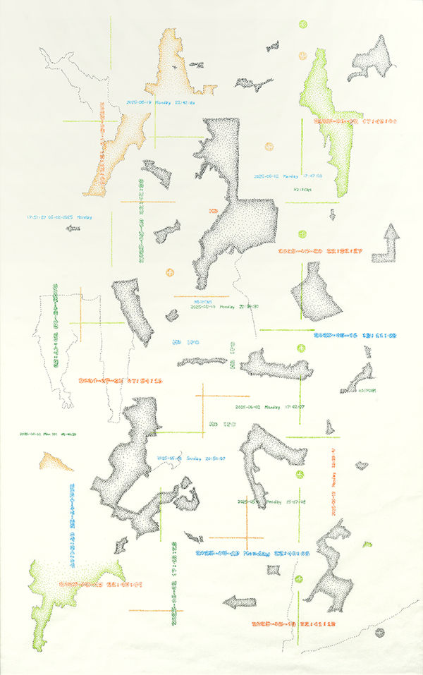 Julieanne Ng Mapping: Terrains, 2025 Ink on Xuan paper 42 ¼ x 28 ¼ inches