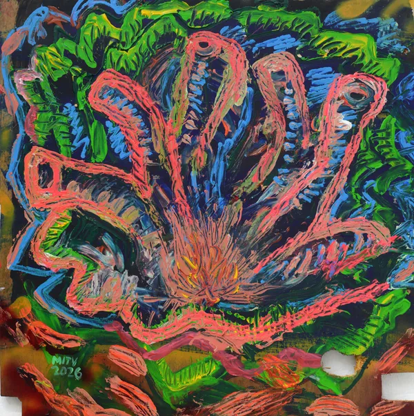 Meety Mity Patibong ng damdamin, 2026 Acrylic and spray paint on repurposed wood 24 x 24 inches