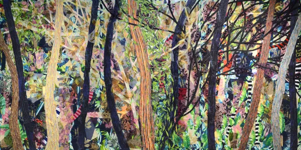 Raffy T. Napay Mas Liliwanag ang Gabi, Pag Nagliwanag Ka sa Aking Tabi, 2026 Textile, thread, and clear acrylic 72 x 144 inches (72 x 48 inches per panel) (Triptych)