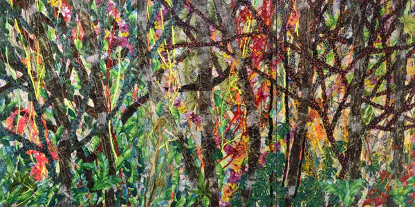 Raffy T. Napay Masisilayan Mo Ako sa Panahon ng Tag-araw, 2026 Textile, thread, and clear acrylic 72 x 144 inches (72 x 48 inches per panel) (Triptych)