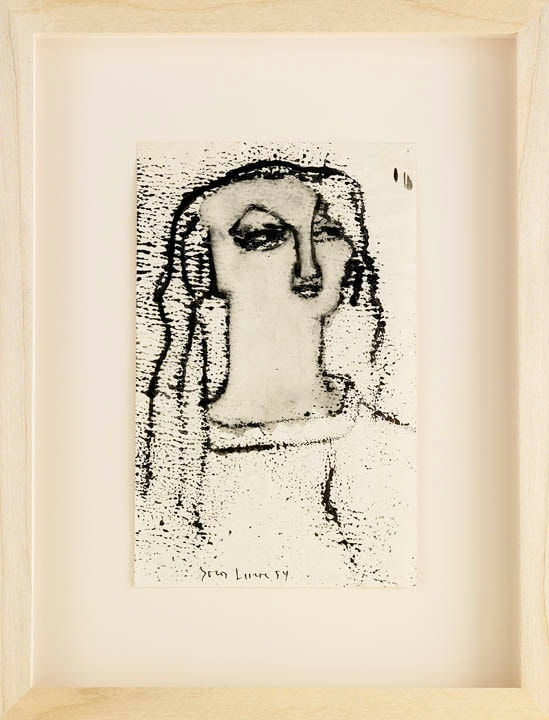 Framed black ink drawing of a stylized portrait of a young woman with long hair