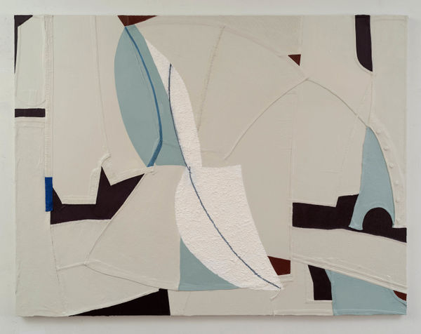 Oil and mixed media on canvas of light gray, white, and blue lines and shapes disappearing underneath each other and folding over
