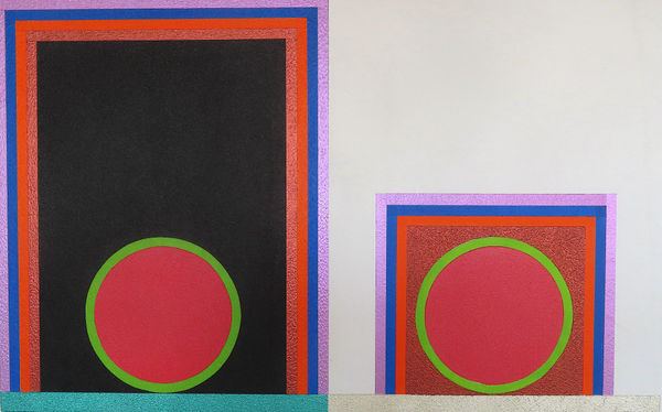 Multi-colored minimalist painting comprised of symmetrical geometric forms