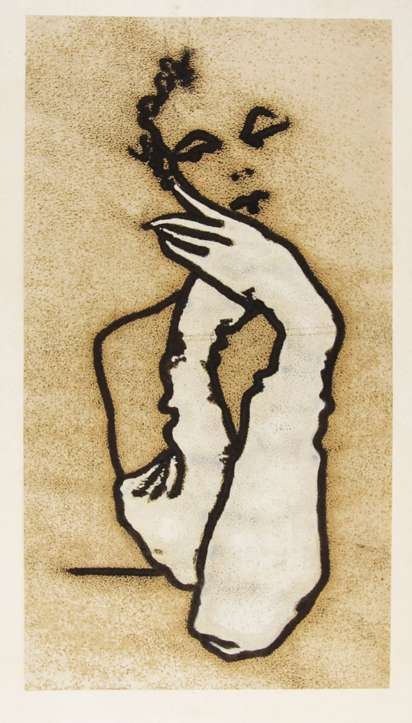 stylized drawing in black ink of an elegant female figure resting her head on white-gloved hands