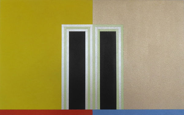 Multi-colored minimalist painting comprised of symmetrical geometric forms