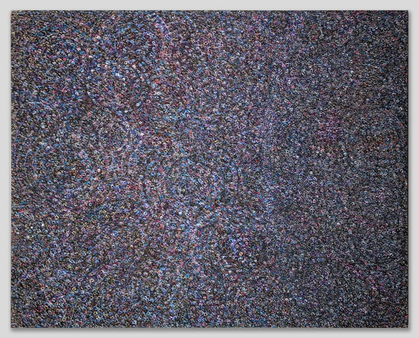 Acrylic and mixed media on canvas in an abstract expressionist mode of countless multicolored dots creating a sense of cosmic depth