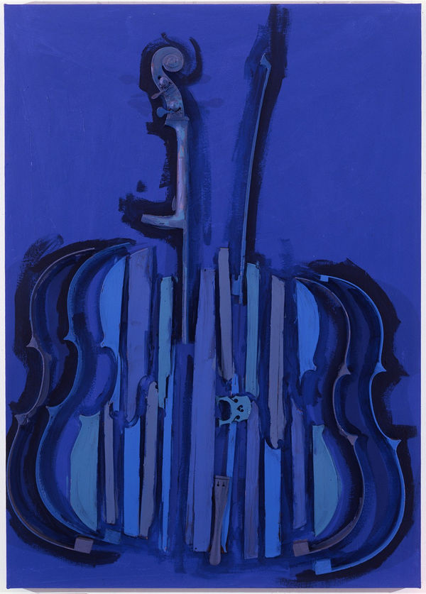 Painted blue slices of a cello are mounted on a painted blue canvas