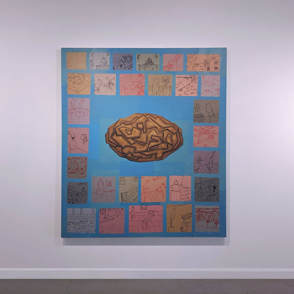 Acrylic, oil on canvas painting of square narrative vignettes on blue background, with a stylized brain in the center