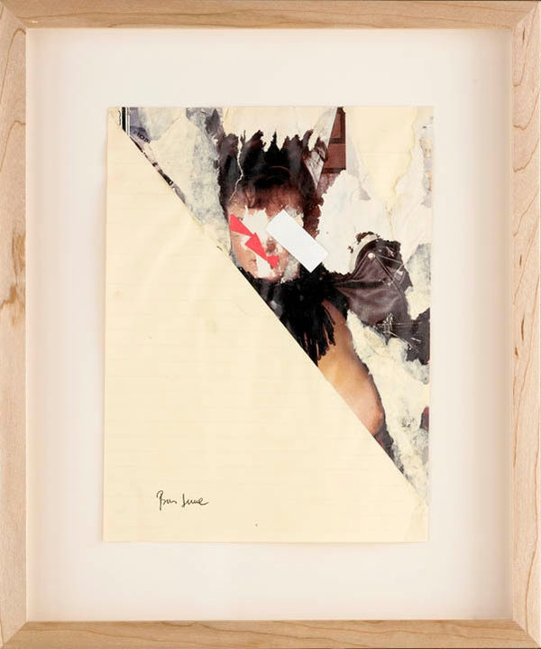 Framed collage on paper of pin-up nude painted and scratched over, diagonal half of the paper blank