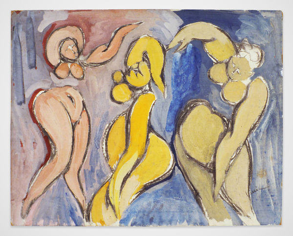 Oil painting on board depicting three monochromatic organic female nudes in expressive poses against a multicolored background