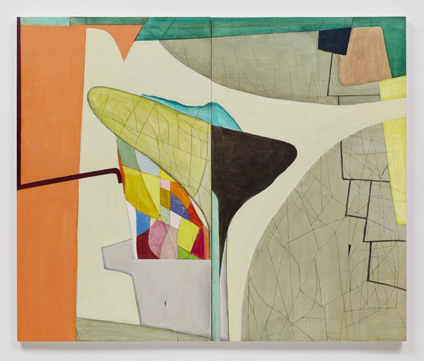 Abstract painting with an orange rectangle on the left, a creme shape extending to the right of the canvas, an angled gray square, and a teal sliver underneath as the background. The foreground has a mixture of shapes in a variety of colors, and an oblong rounded triangle with one side yellow and the other black in front.