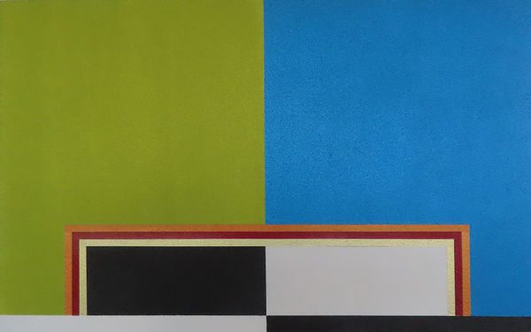 Multi-colored minimalist painting comprised of symmetrical geometric forms