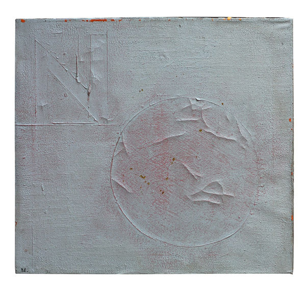 White painted canvas with the word NO scratched into the surface