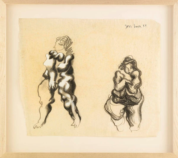 Framed charcoal and white pastel of two small stylized female silhouettes