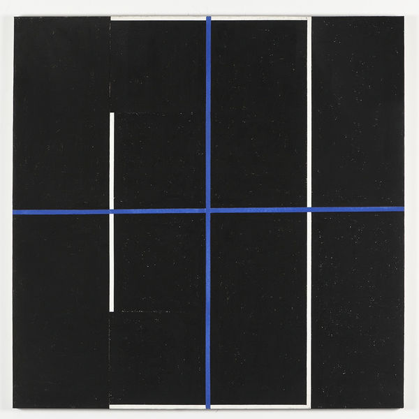 A square canvas covered in black acrylic paint and divided into four equal parts by a blue cross consisting of paint and crushed glass.