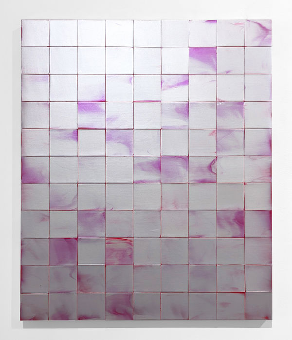 Minimalist grid-like painting made with interference acrylic