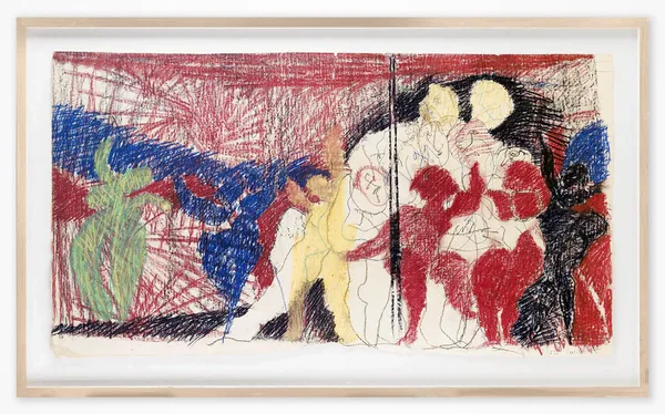 Framed pastel and oilstick on paper, loosely figurative image of a cabaret scene, red background, green & blue shadows