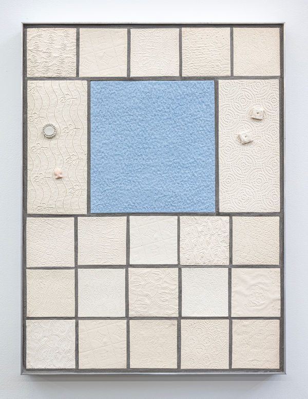 Ry Rocklen Absorption Panel (Blue Screen), 2024 Ceramic, mortar, grout, wood, metal 27 1/4 x 20 1/4 x 2 inches 69.2 x 51.4 x 5.1 cm.