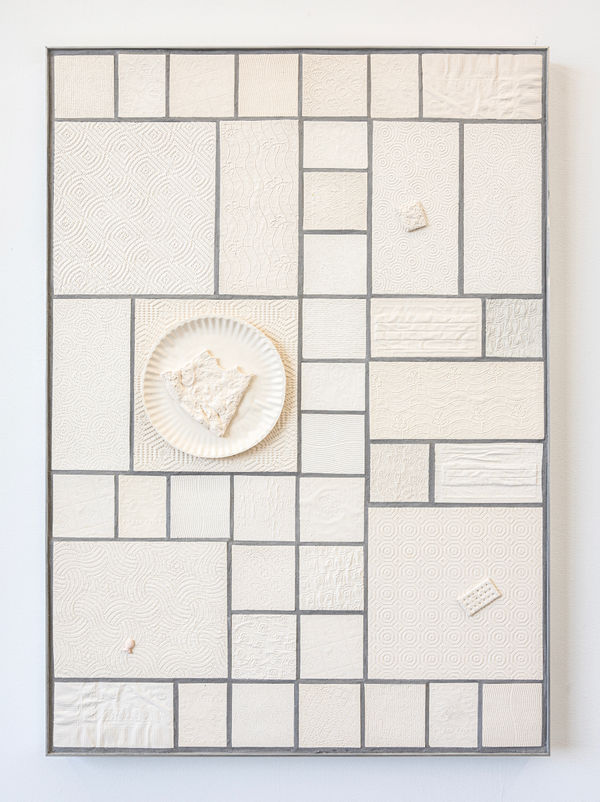 Ry Rocklen Absorption Panel (Pizza Bianca), 2024 Ceramic, mortar, grout, wood, metal 42 1/4 x 30 x 2 1/2 inches 107.3 x 76.2 x 6.3 cm.