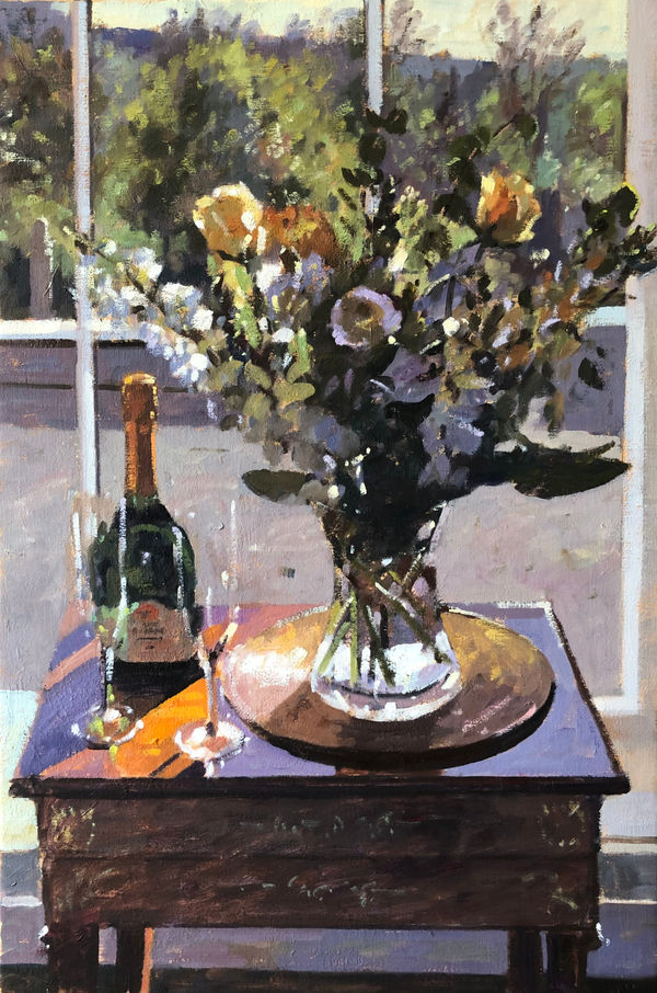 Bruce Yardley FLOWERS AND TAITTINGER Oil on canvas 24 x 16 in 61 x 40.6 cm