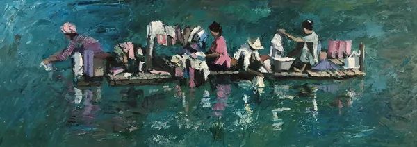Patrick Gibbs, WOMEN WASHING CLOTHES ON A RAFT, MYANMAR