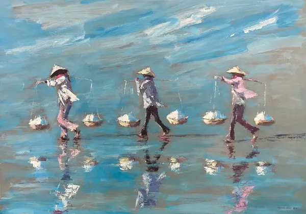 Patrick Gibbs, THREE WOMEN WORKING IN SALT FIELDS, VIETNAM, 2021