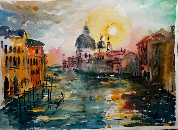 Sophie Walbeoffe, VENETIAN MORNING GLOW - SANTA MARIA DELLA SALUTE FROM ACCADEMIA BRIDGE