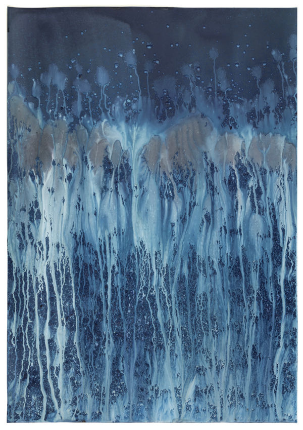 Day #382.2: mushroom ink + mica + organic + Prussian Blue pigment + gutter overflow + sun , 2025 Dynamic Cyanotype 59 3/4" x 41 7/8&rdquo; (152 x 106.5 cm) Framed: 62 13/16" x 44 7/8" (159.5 x 114 cm) Unique (MRie.25082)