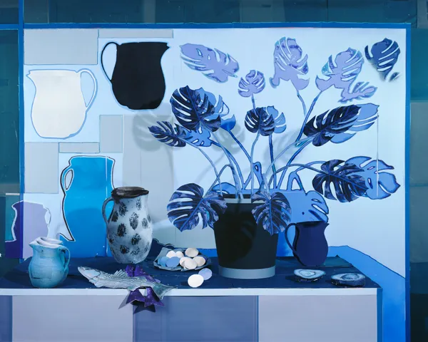 Daniel Gordon, Blue Still Life with Philodendron and Fish, 2018