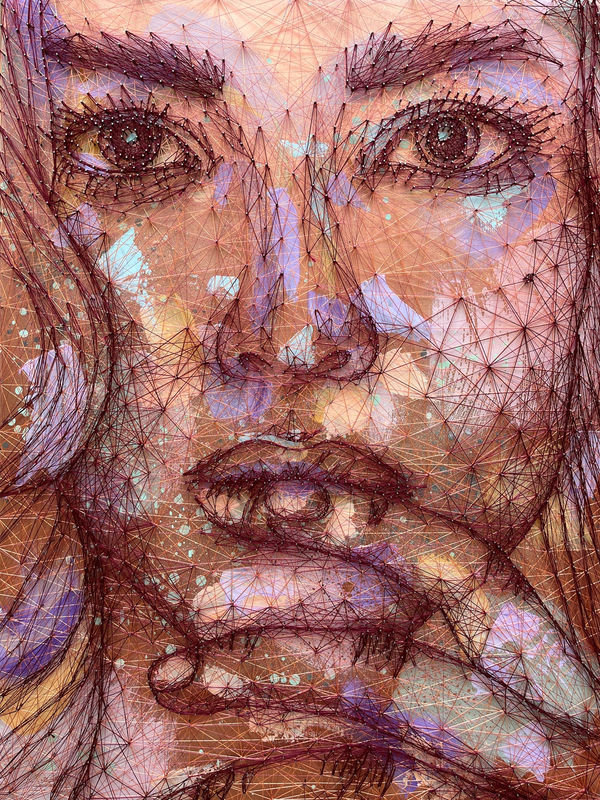 Imogen Morris A Vivid Muse, 2025 framed in a white float frame mixed media - thread, nails, acrylic & spray paint on plywood board 83 x 63 cm 32 ¾ x 24 ¾ in