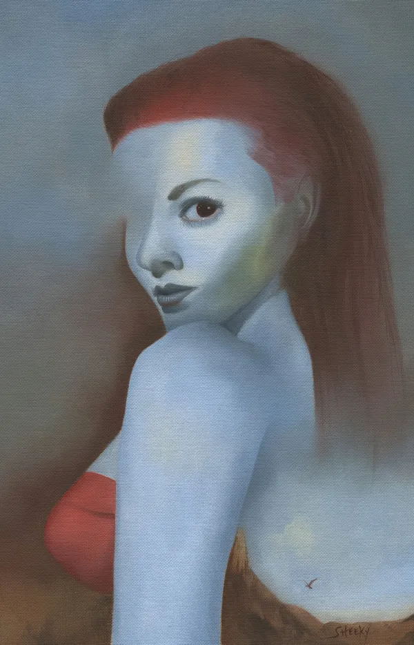 Mark Sheeky Awakening original oil on canvas panel 41.5 x 31.5 x 5 cm 16 ¼ x 12 ½ x 2 in