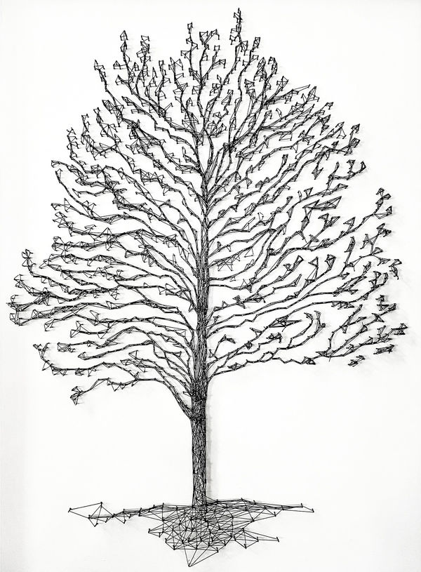 Imogen Morris Princess Tree, St Peter’s Square, Manchester, 2025 framed in a black float frame mixed media - thread, nails on plywood board 103 x 83 cm 40 ½ x 32 ¾ in