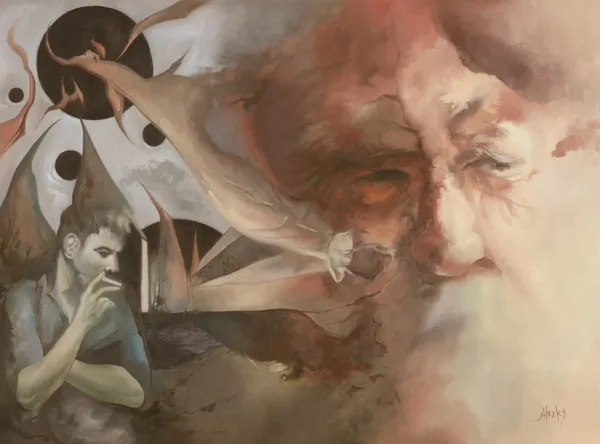 Mark Sheeky Silver original oil on canvas panel 43.5 x 53.5 x 3.5 cm 17 ¼ x 21 x 1 ½ in