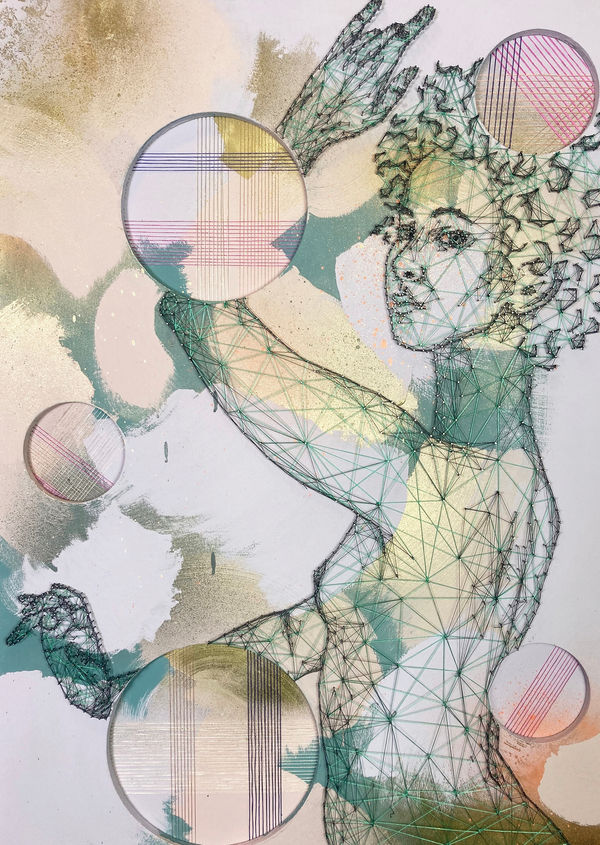 Imogen Morris Seeking The Void, 2025 framed in a white float frame mixed media - thread, nails, acrylic & spray paint on plywood board 102 x 72 cm 40 ¼ x 28 ¼ in