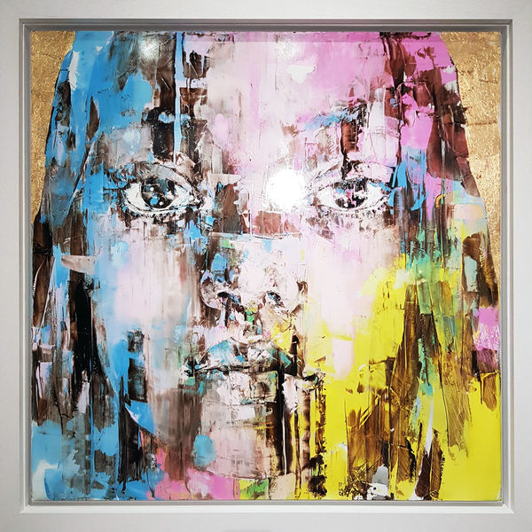 Marco Grassi Golden Girl, 2018 Signed and dated on rear panel Original Painting Mixed media and gold leaf on a framed, aluminium panel 100 x 100 cm 39 ¼ x 39 ¼ in