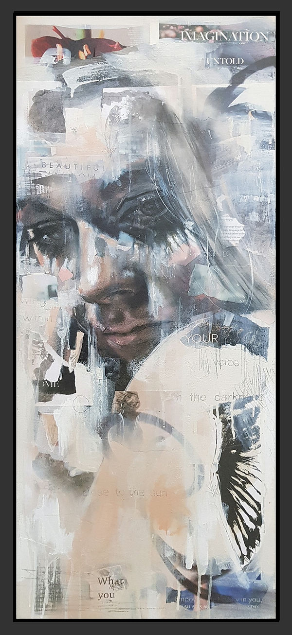 Toni Cogdell Wing-borne, 2023 Signed mixed media on canvas framed original 100 x 40 cm 39 ¼ x 15 ¾ in