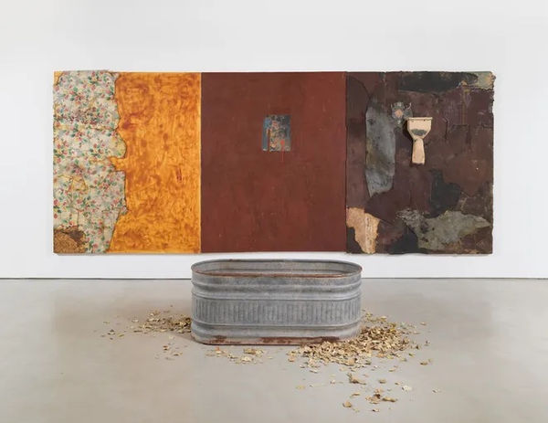 Harmony Hammond, "Inappropriate Longings," 1992, oil, acrylic, canvas, linoleum, latex rubber, metal gutter and water trough, dry leaves, triptych. JEFFREY STURGES/©2018 HARMONY HAMMOND, LICENSED BY VAGA AT ARTISTS RIGHTS SOCIETY (ARS), NY/COURTESY THE ARTIST AND ALEXANDER GRAY ASSOCIATES, NEW YORK