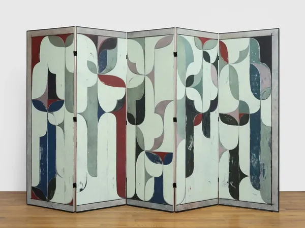 Kamrooz Aram, Arabesque Composition (Archipelago), 2025. Oil, oil crayon, and pencil on linen, hinged with artist’s frame in 5 parts