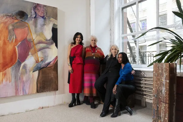 From right: Collector Komal Shah and artists Samia Halaby, Joan Semmel, and Tschabalala Self at Semmel’s studio. Photo by Elle Pérez