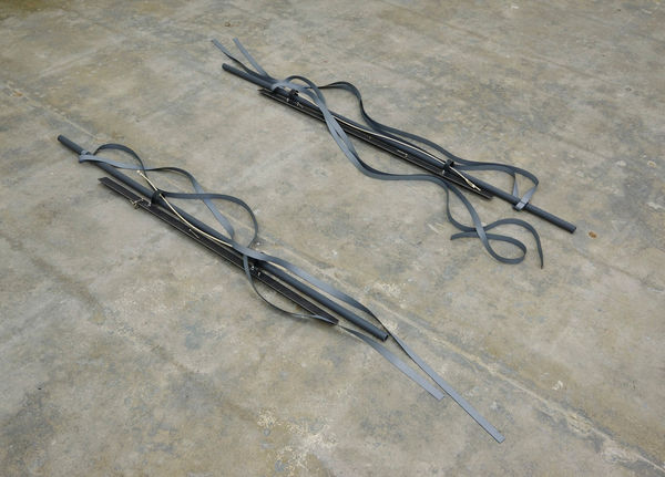 K.r.m. Mooney Colinear Flute, 2015 Electrical conduit, steel, grafting ribbon, silver plated organic compound casts, clarinet keys Two Parts 56 x 32 x 3 in 142.2 x 81.3 x 7.6 cm