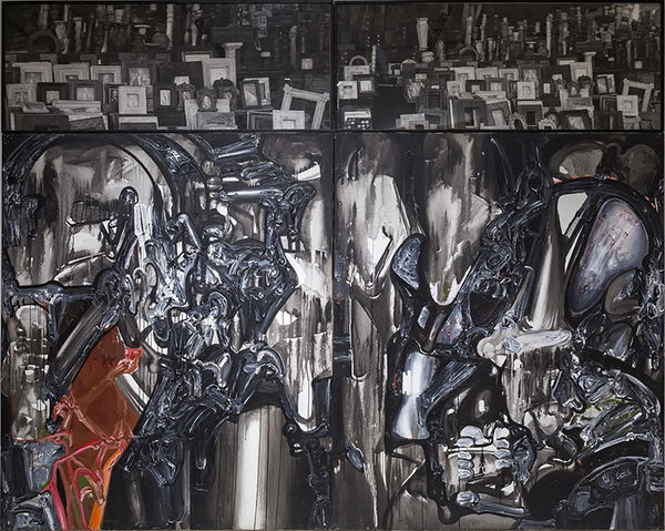 PROBIR GUPTA Memories of Steel Clouds Acrylic, iron oxides and print on archival canvas 244 x 305 cm. 96 x 120 in. Quadriptych