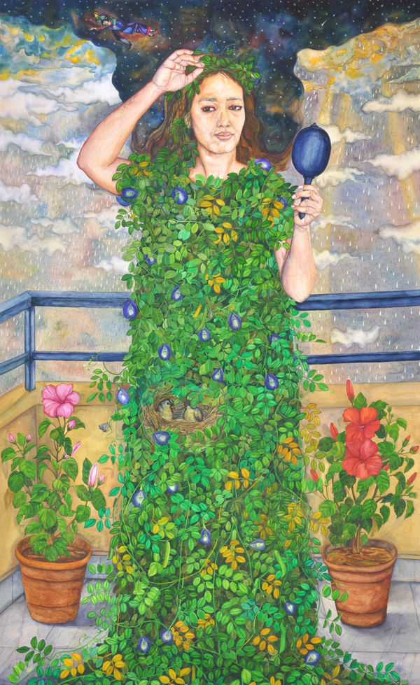 A woman covered with foliage and leaves, looking at herself in the mirror