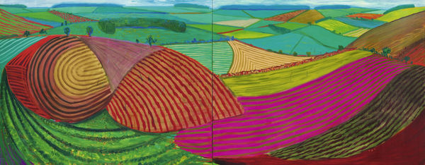 Double East Yorkshire David Hockney. It is an oil on two canvases painting, depicting a vibrant, idealised landscape of the Yorkshire Wolds.