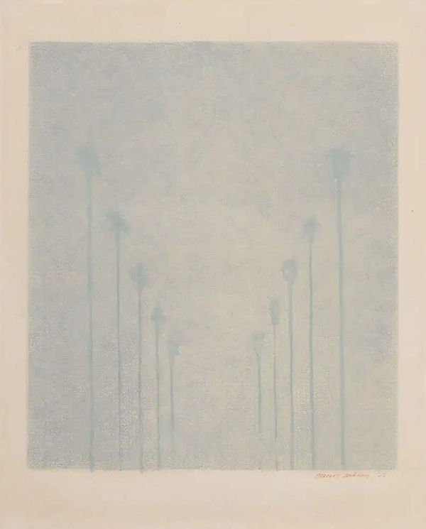 10 palm tress in mist david hockney