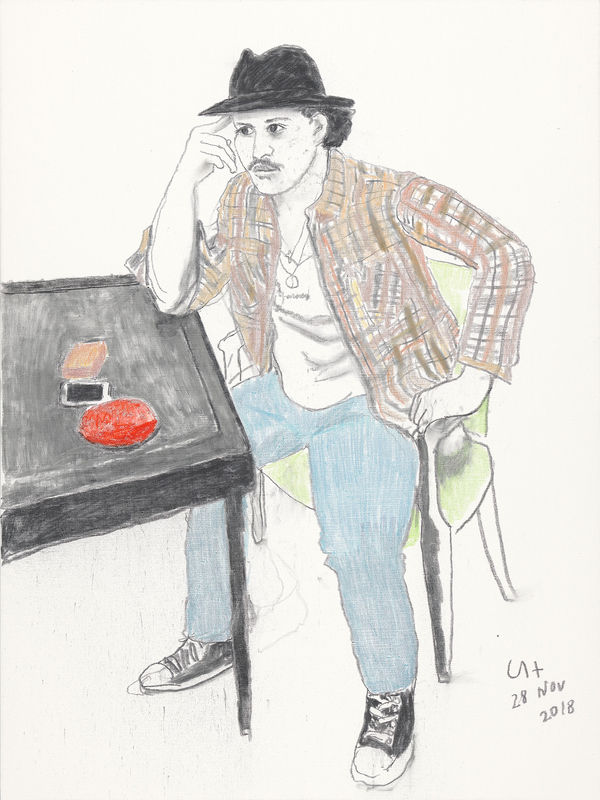 David Hockney painting of Bruno Mars, 2018, charcoal and crayon on canvas