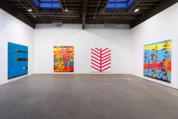 Installation view of Chris Martin's first solo show at Anton Kern Gallery, featuring a select few paintings from a summer of working in Upstate New York. Some of Martin's work featured.