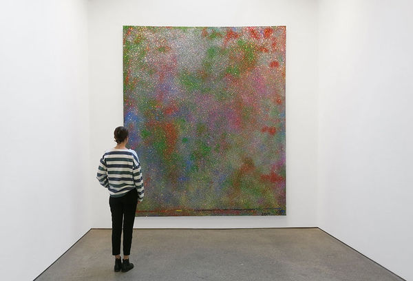 Installation view of Chris Martin's first solo show at Anton Kern Gallery, featuring a select few paintings from a summer of working in Upstate New York. Space is the Place featured here.