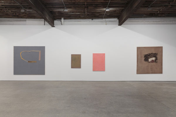 Installation view of Danish artist Sergej Jensen's third solo show at Anton Kern Gallery, featuring a new body of paintings. Four works presented.