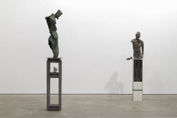 Installation view of Matthew Monahan's fifth solo show at Anton Kern gallery, featuring new sculptures and drawings. Two sculptures featured.